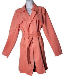 Solitaire Peach Faux Suede Belted Trench Coat Longline Waterfall Duster Jacket L